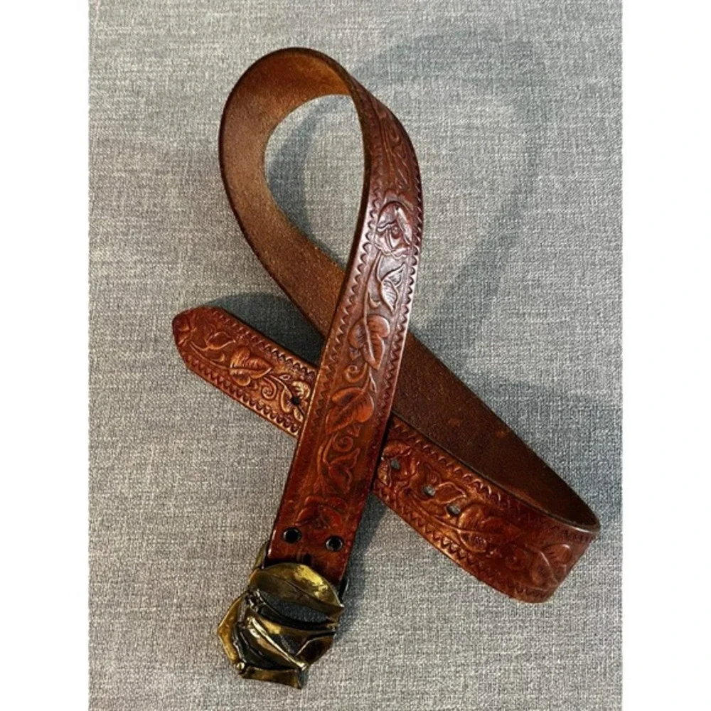 Tooled Leather Belt LMC‎ Vintage Bronze Tone Buckle Brown Floral 38 Inch Unisex